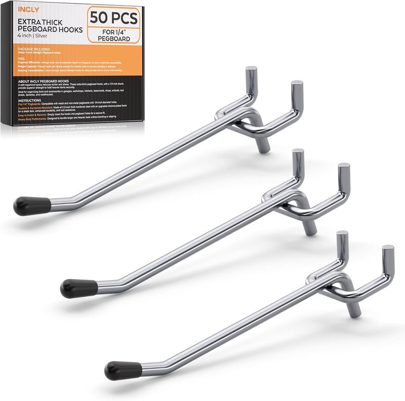 INCLY 50 Pack 4 Inch Pegboard Hooks, 1/4" Heavy Duty Peg Board Hooks Accessories with Rubber Tipped, Peg Board Tool Hangers Fit 1/4" Pegboard for Hanging Tools Garage, Craft Room, Kitchen, Store - Image 1